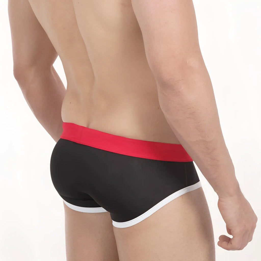 Black briefs with bold red waistband and white trim metro male wear pride swim brief 4916-78 front view