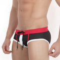MetroMaleWear Pride swim brief 4916-78 black and red swim trunks with white trim and drawstring waistband