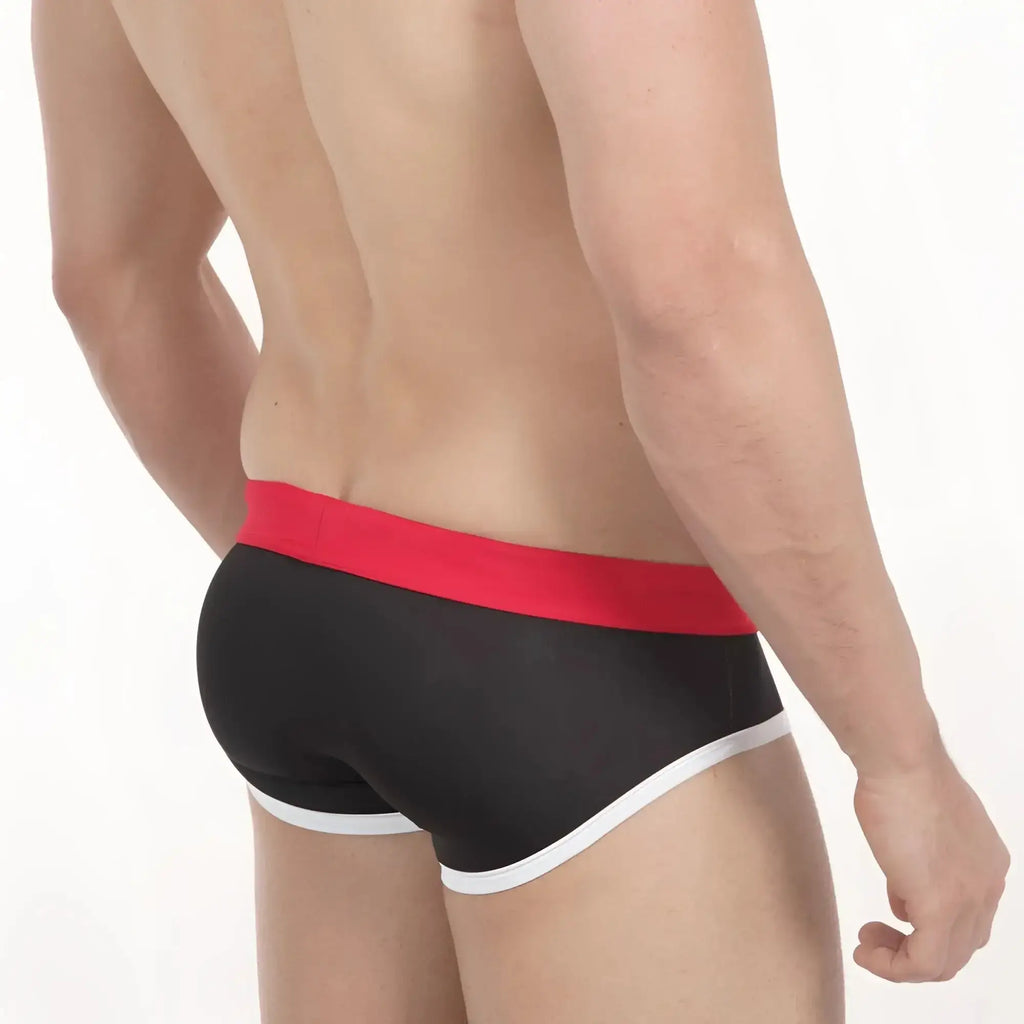 Black briefs with bold red waistband and white trim metro male wear pride swim brief 4916-78 front view