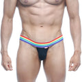 Black MetroMaleWear Pride thong with rainbow-striped waistband showing front in soft stretch fabric