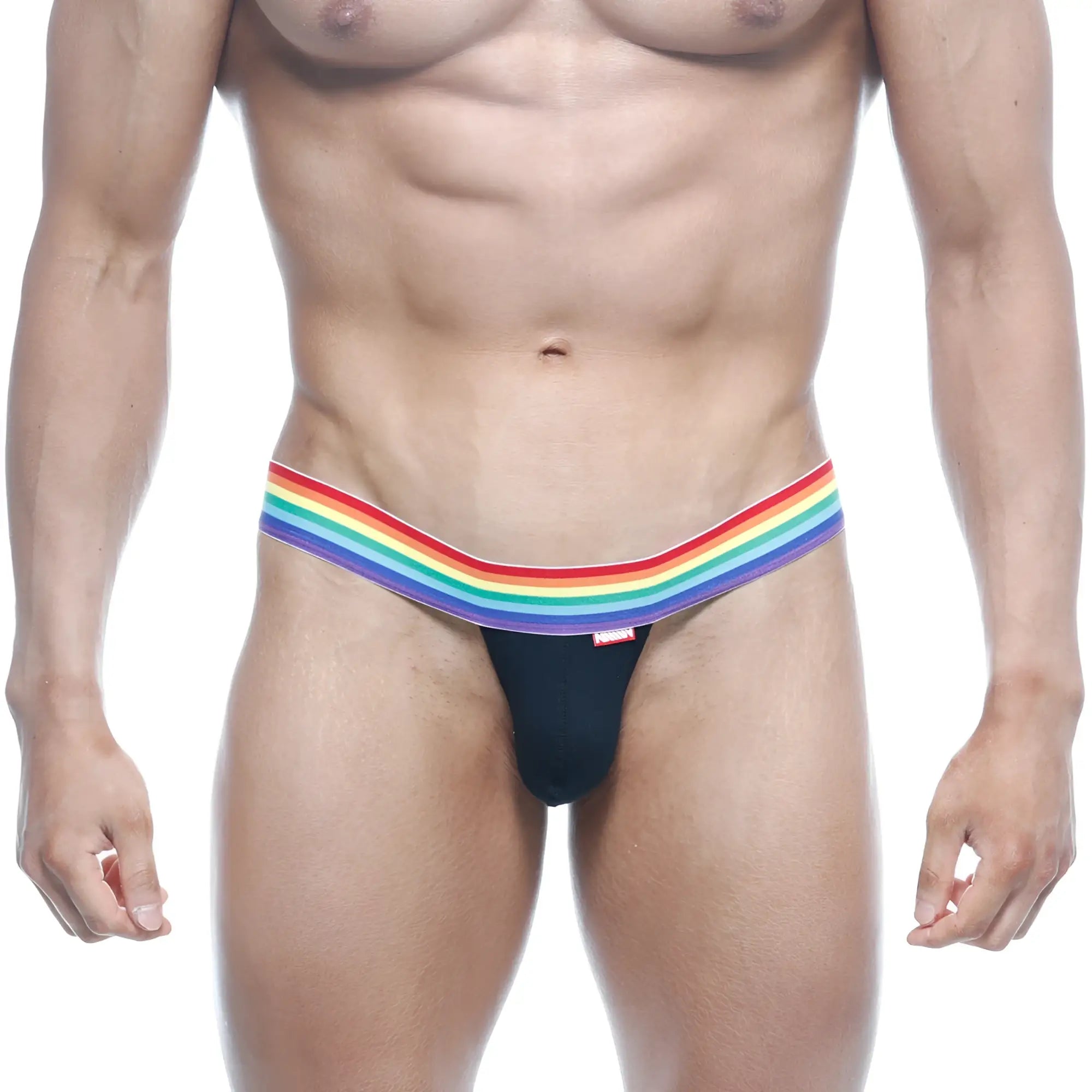 Black MetroMaleWear Pride thong with rainbow-striped waistband showing front in soft stretch fabric