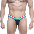 Black MetroMaleWear Pride thong with rainbow-striped waistband showing front in soft stretch fabric