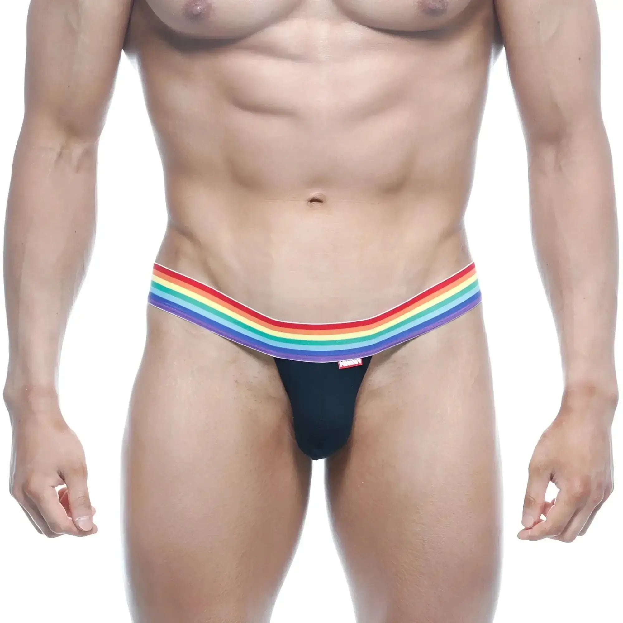 Black MetroMaleWear Pride thong with rainbow-striped waistband showing front in soft stretch fabric