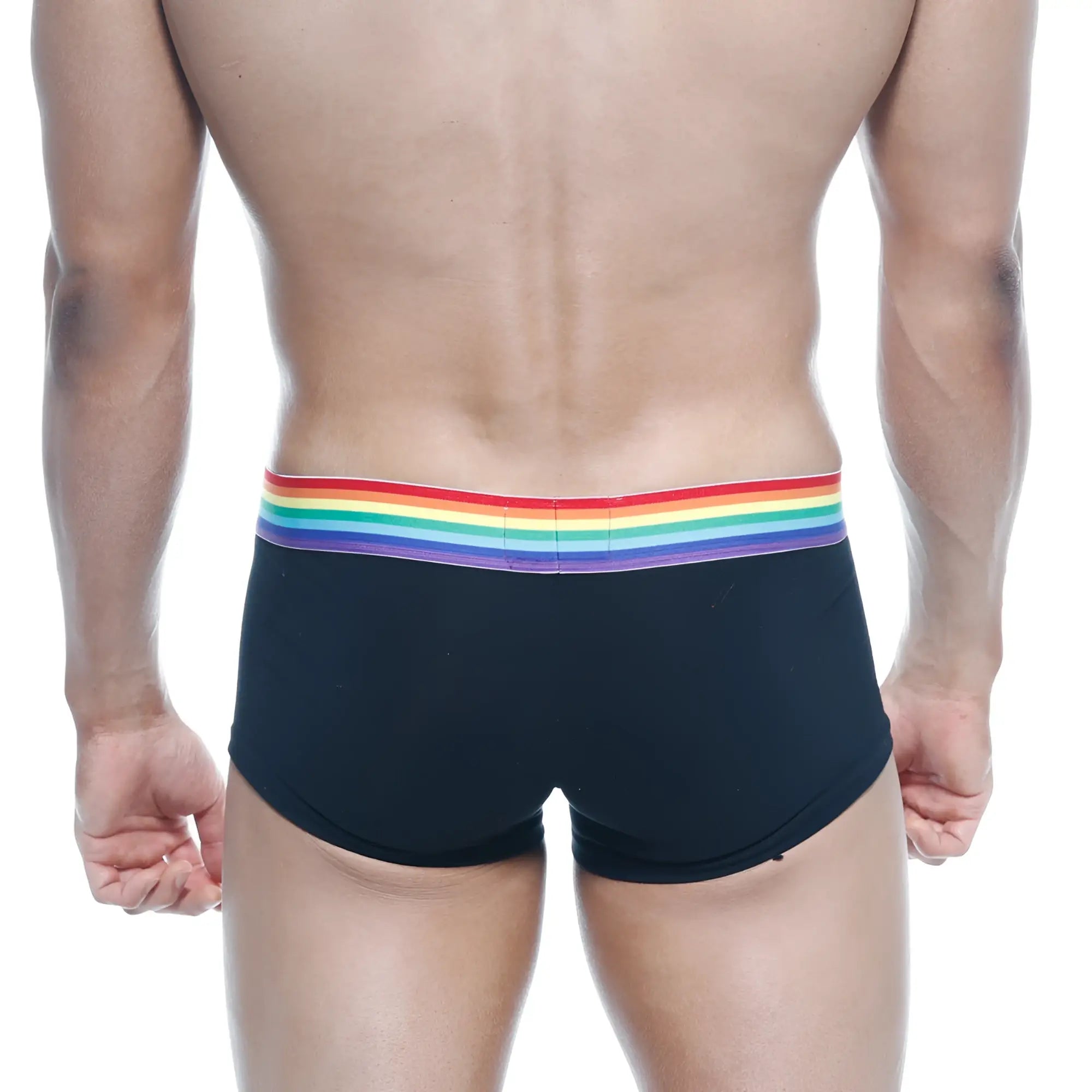 Black briefs with a vibrant rainbow-striped waistband from MetroMaleWear pride trunk 2026-R20 collection