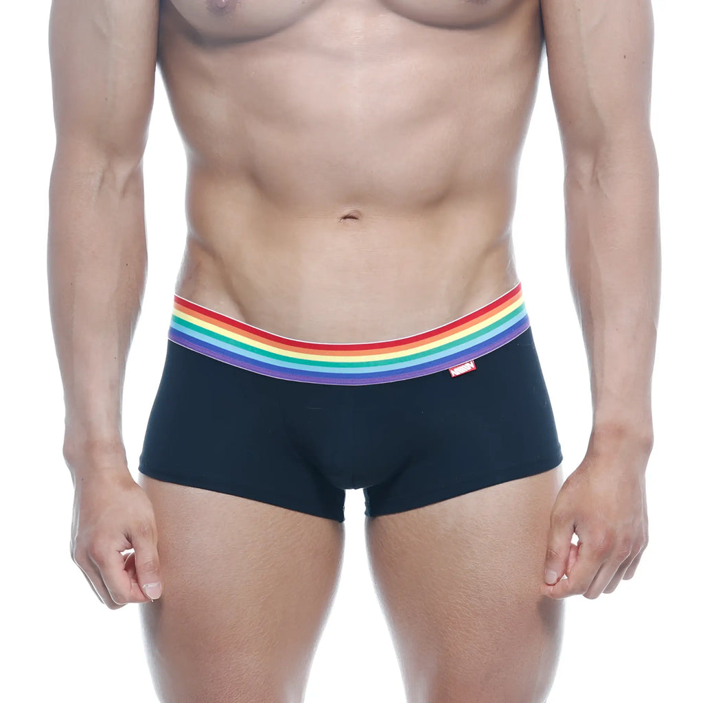 Black briefs with a vibrant rainbow-striped waistband metroMalewear pride trunk 2026-R20 for comfortable everyday wear