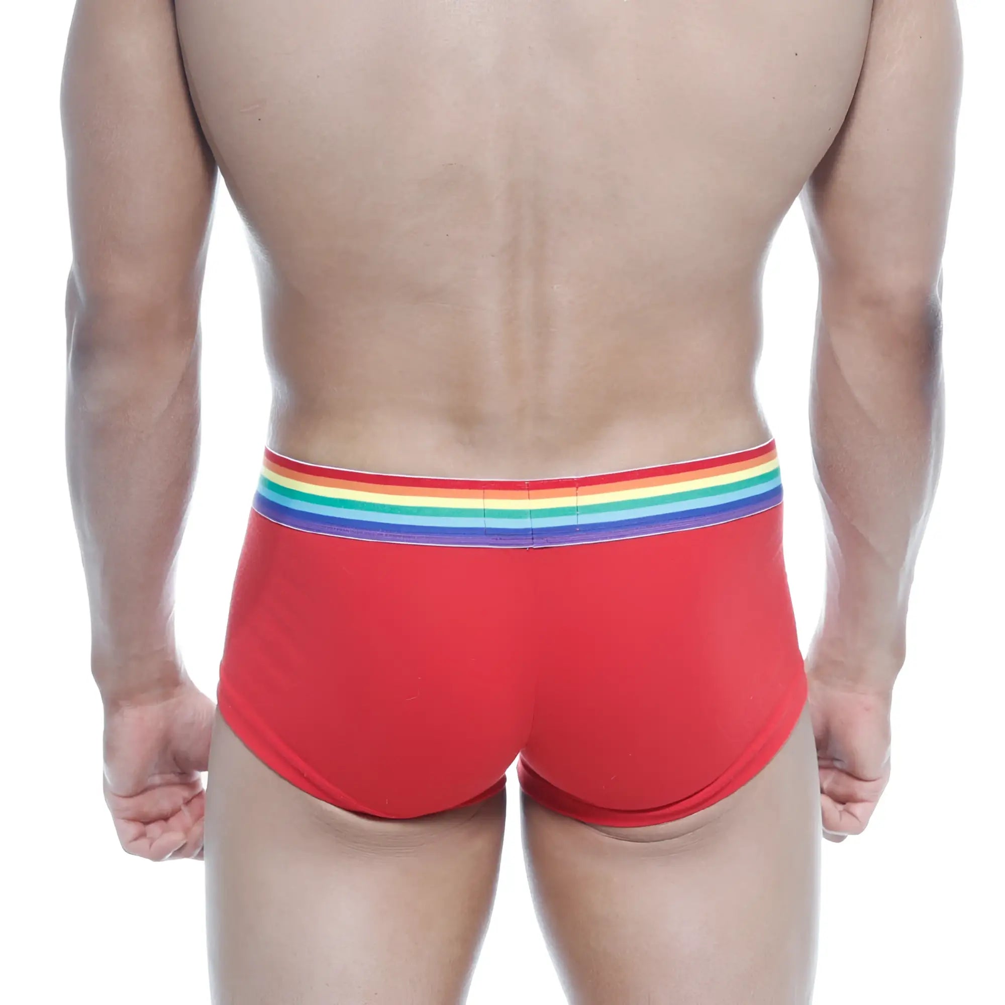 Red men’s briefs with a rainbow-striped elastic waistband from metromalewear pride trunk 2026-r12 collection