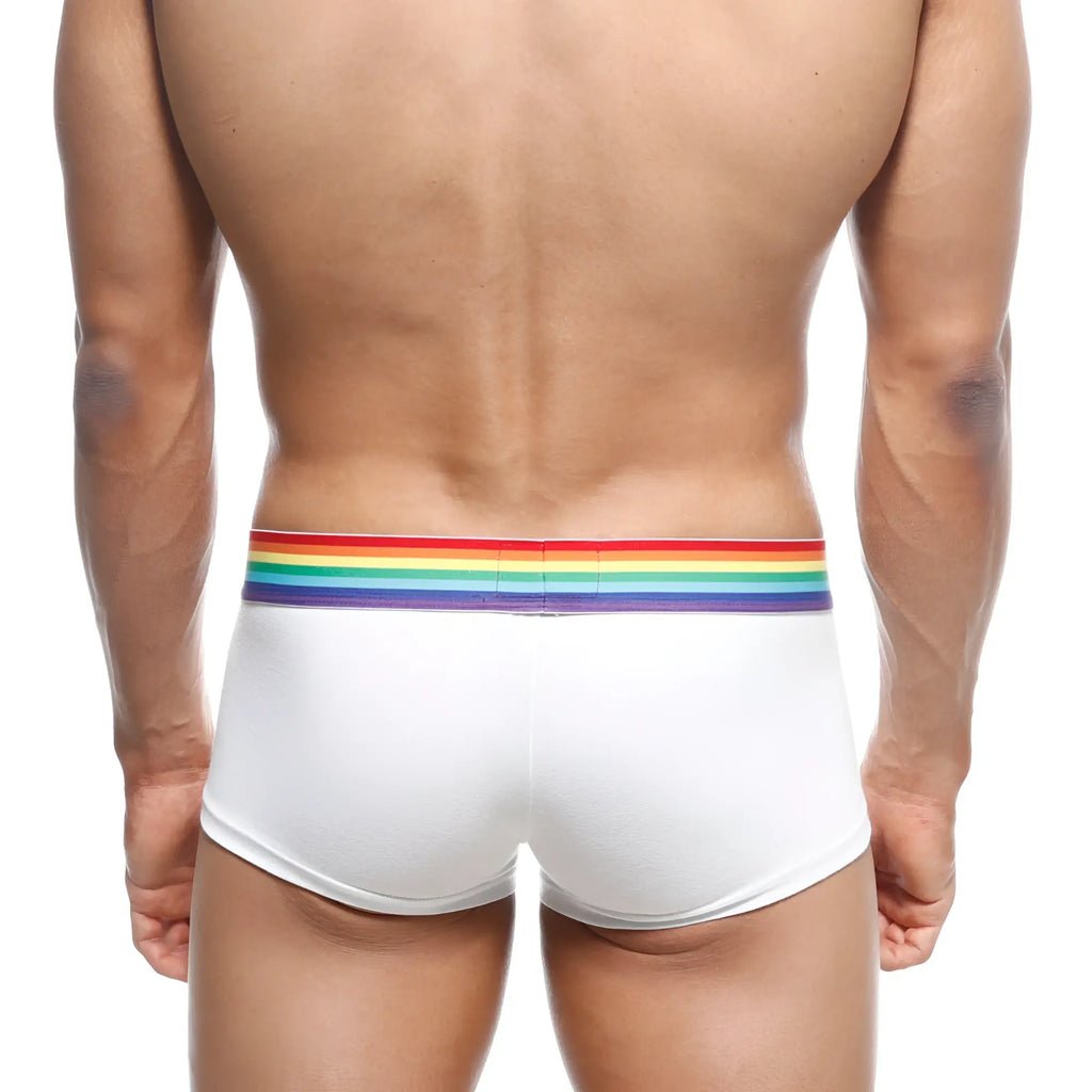 White briefs with a rainbow-striped elastic waistband from MetroMaleWear Pride Trunk 2026-R00 collection