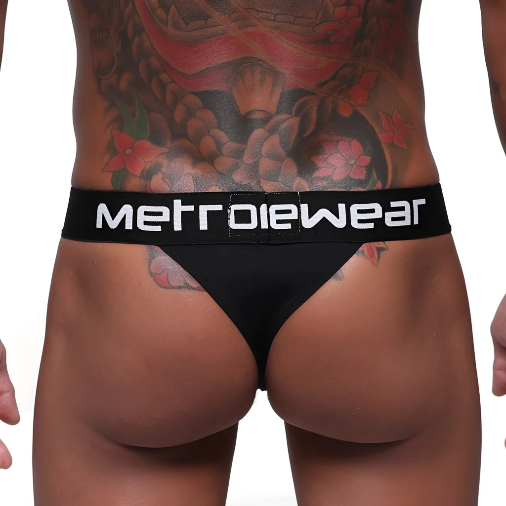 Black metroMaleWear Prieto thong with white logo band showing front design in comfortable stretch fabric