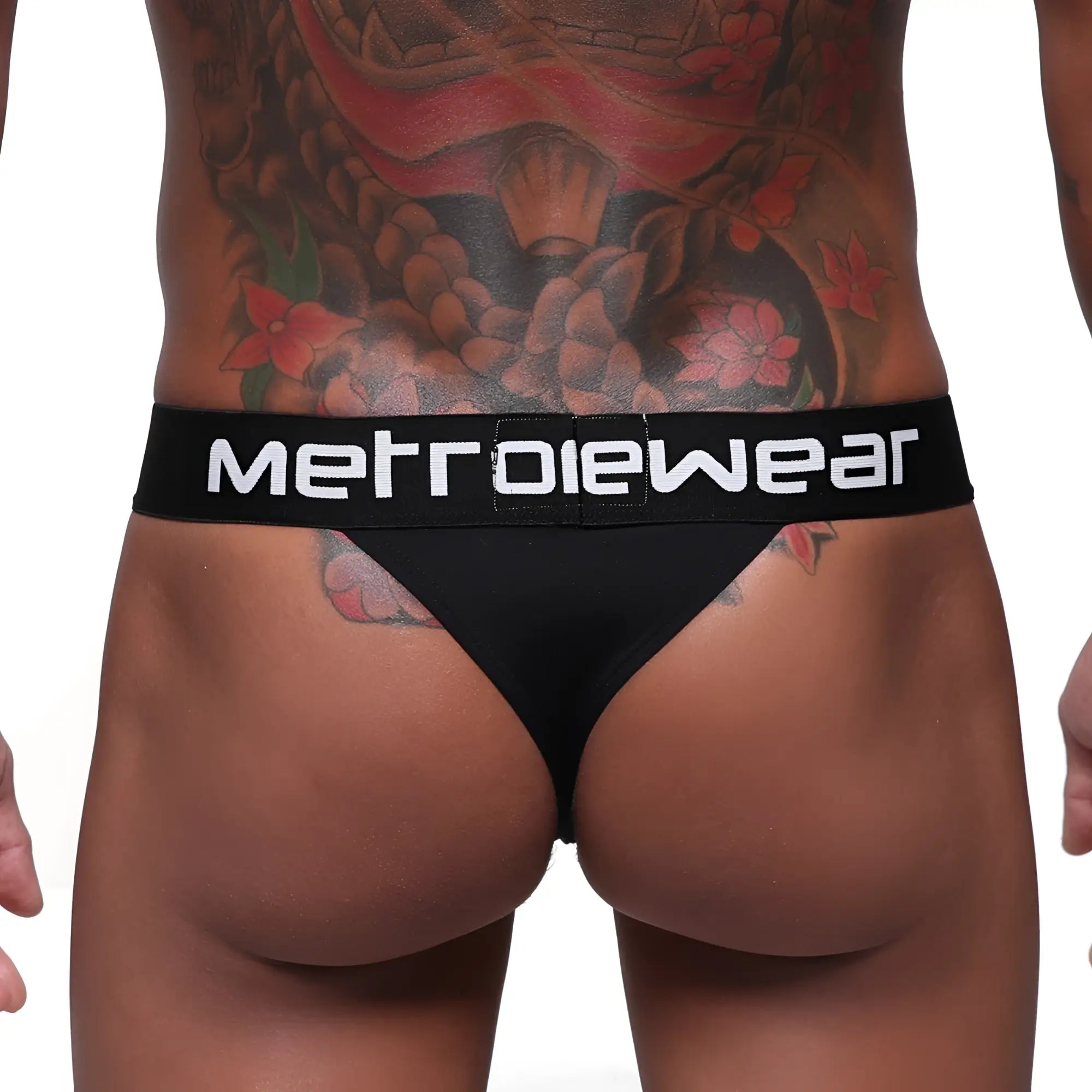 Black metroMaleWear Prieto thong with white logo band showing front design in comfortable stretch fabric