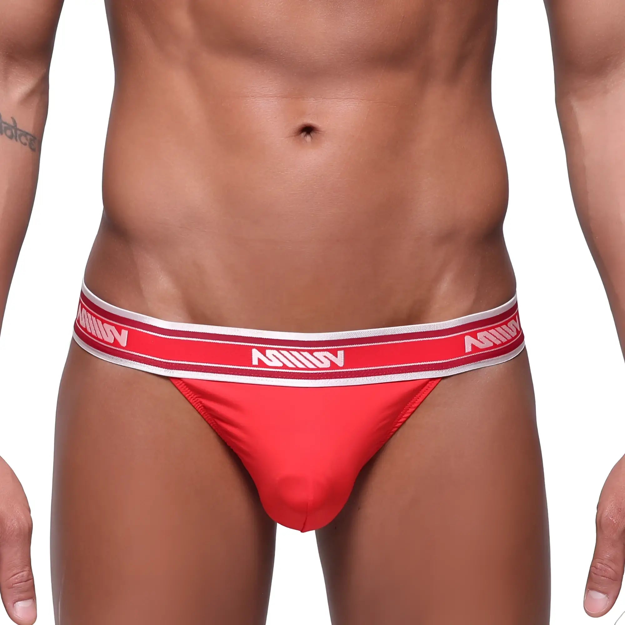 Red mens briefs metro male wear prieto thong with white elastic waistband featuring milan branding in red lettering