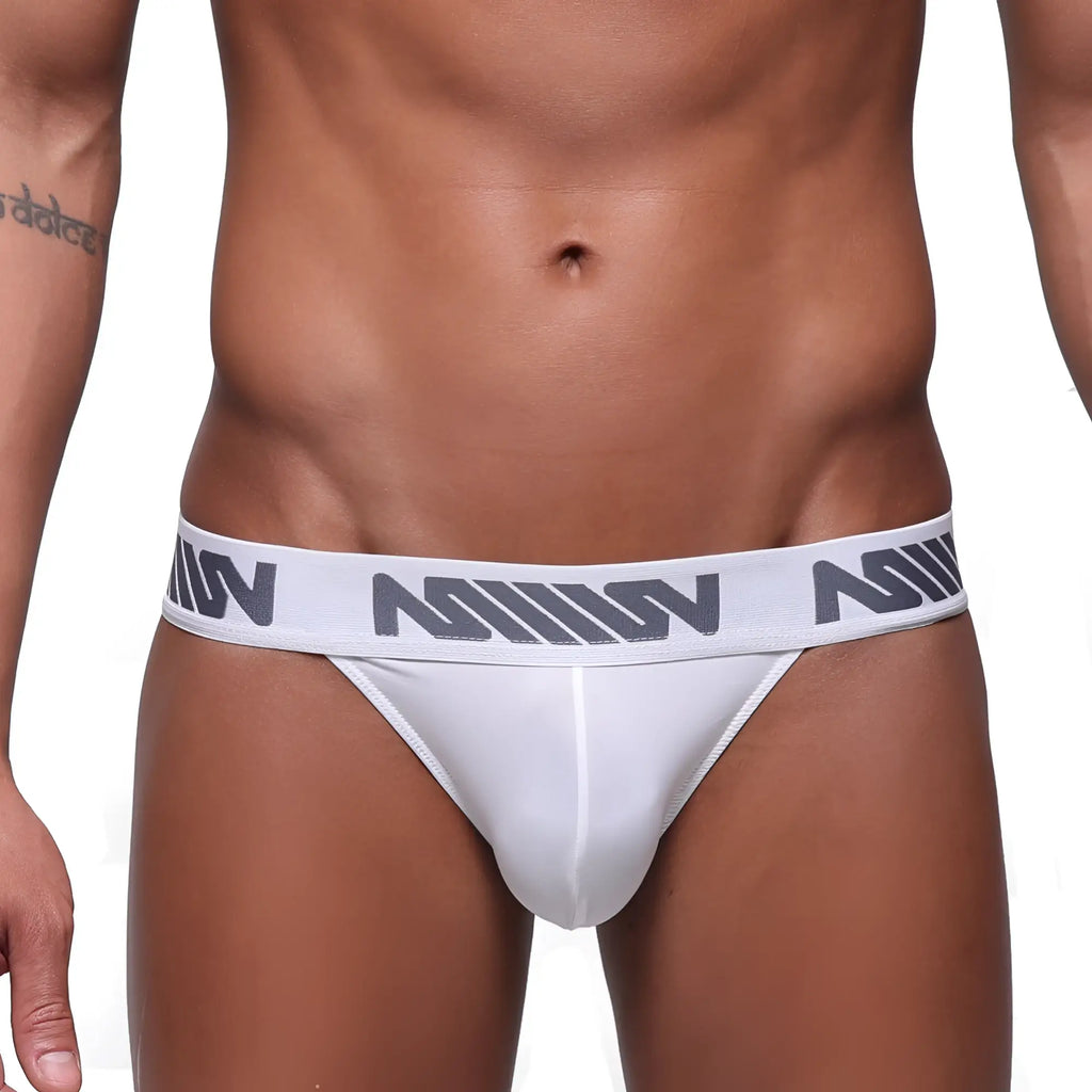 White mens briefs with a gray m logo band from MetroMaleWear Prieto Thong White 2912-00 product line