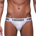 White mens briefs with a gray m logo band from MetroMaleWear Prieto Thong White 2912-00 product line