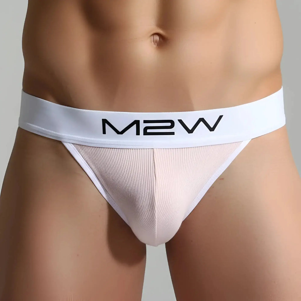 White m2w brand thong with ribbed texture and solid white waistband featured in metromalewear primo pink jockstrap 2901-02