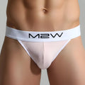 White m2w brand thong with ribbed texture and solid white waistband featured in metromalewear primo pink jockstrap 2901-02