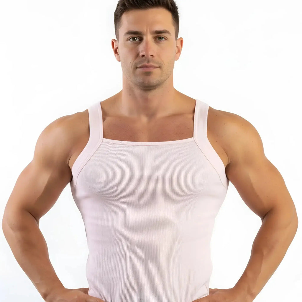 MetroMaleWear Primo pink tank top 3125-02 is a white ribbed cotton tank top with thin straps and a square neckline