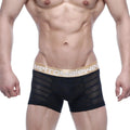 Black mesh prism short boxer briefs with a gold metromalewear logo waistband 7 inch 2022-96 model