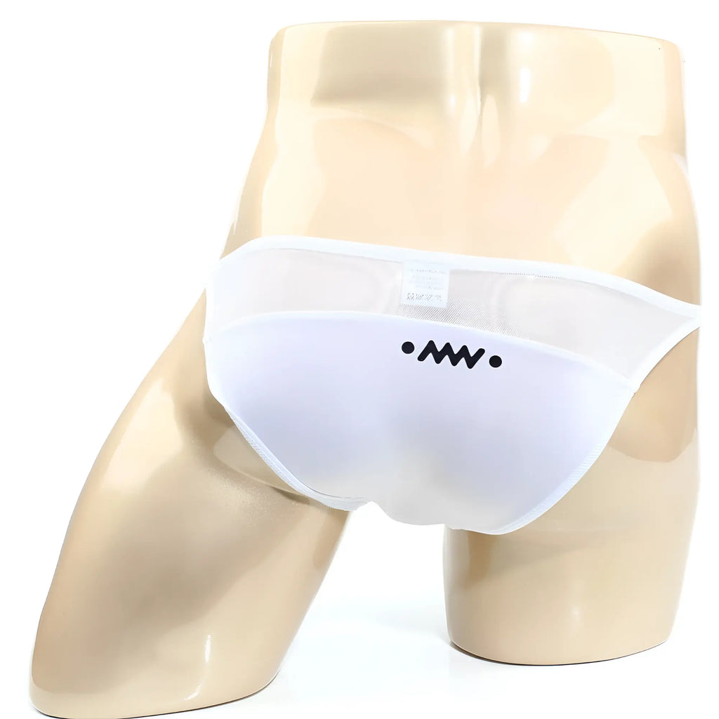 White mesh metro male wear prodigy bikini briefs with black embroidered logo on the front