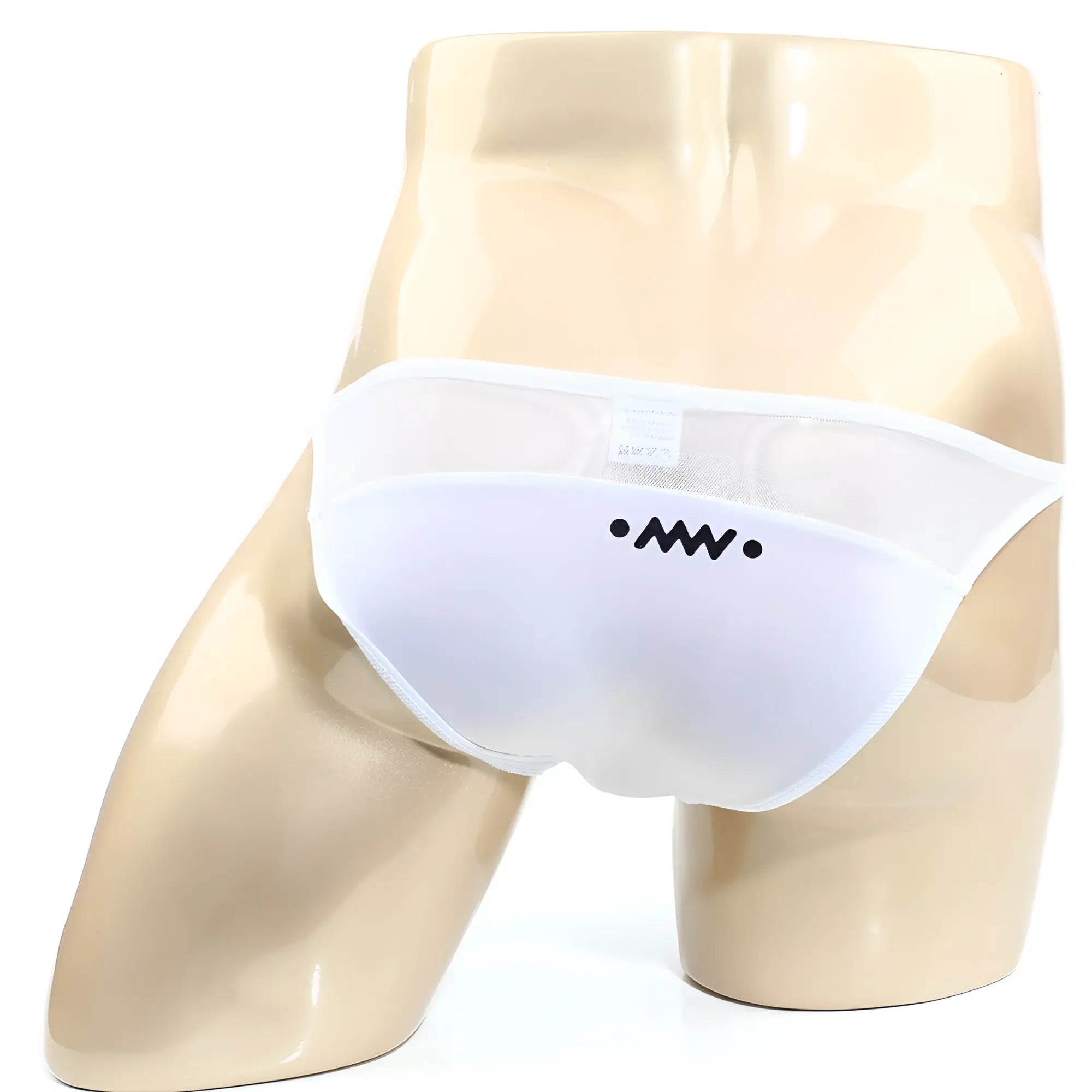 White mesh metro male wear prodigy bikini briefs with black embroidered logo on the front
