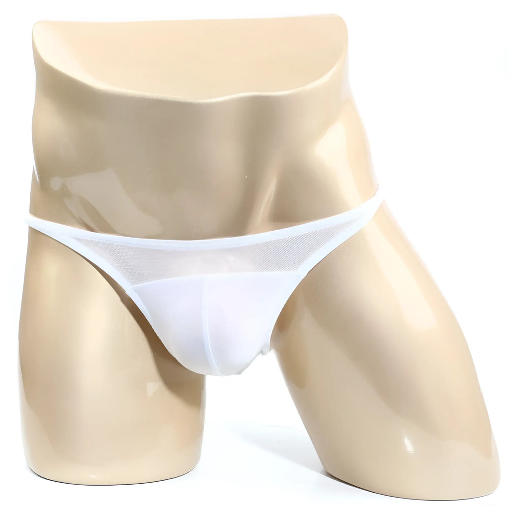 White mesh thong bikini by metromalewear prodigy displayed on mannequin highlighting breathable fabric design