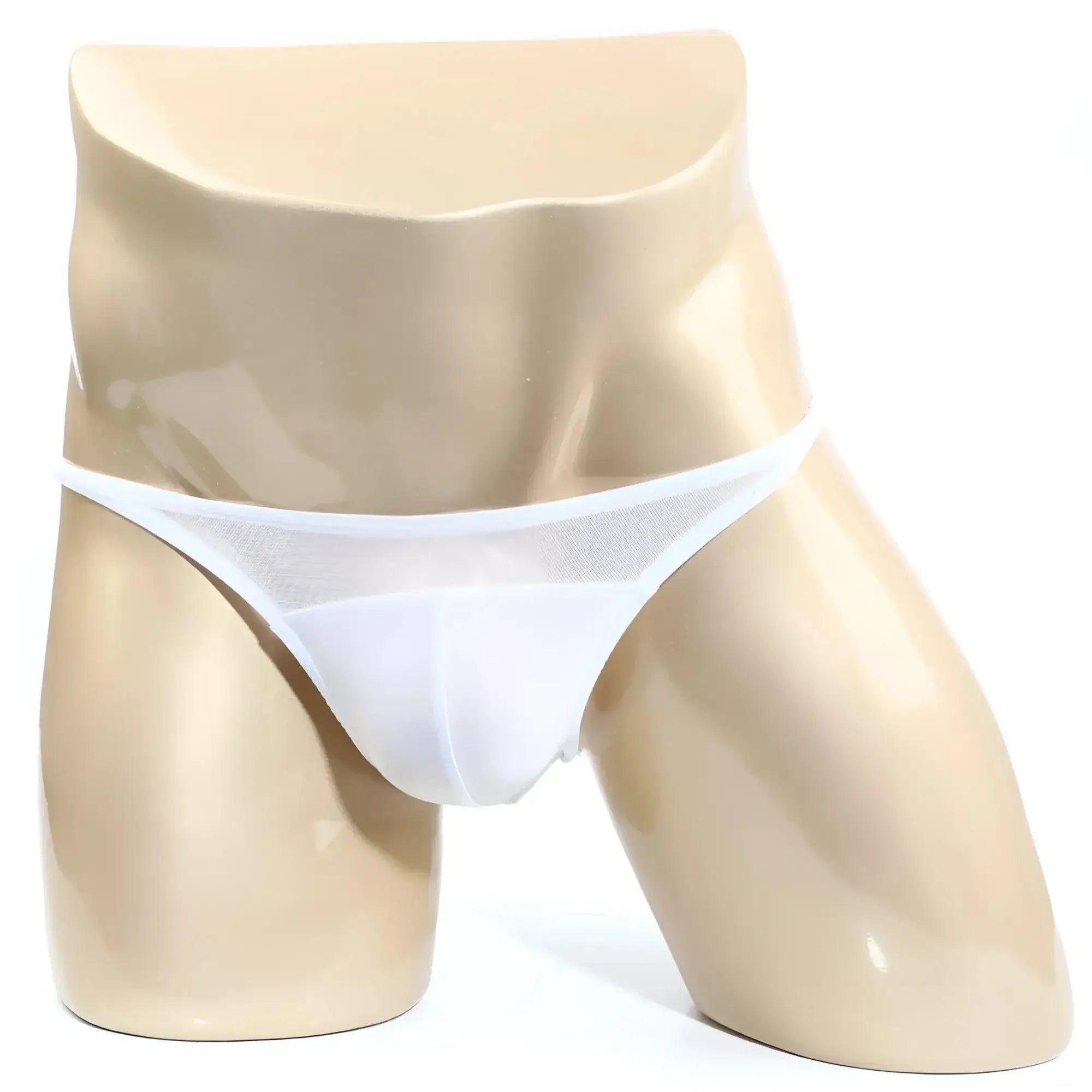 White mesh thong bikini by metromalewear prodigy displayed on mannequin highlighting breathable fabric design