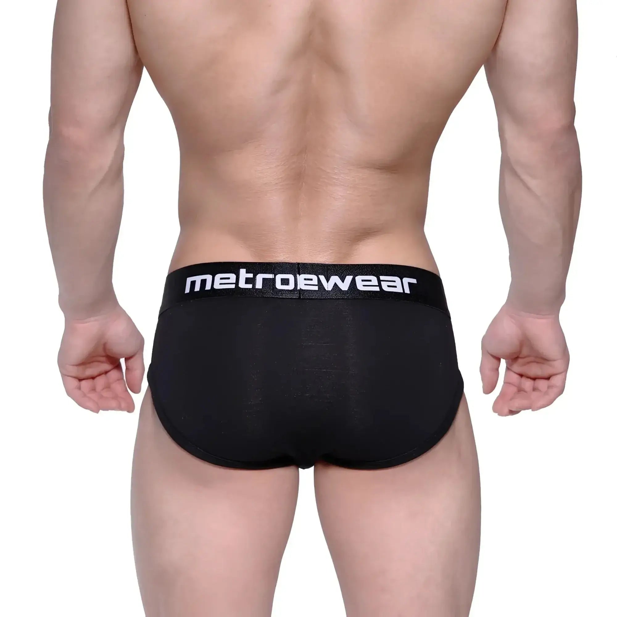 Black metrowear profile hip brief with white logo waistband designed for comfortable everyday wear