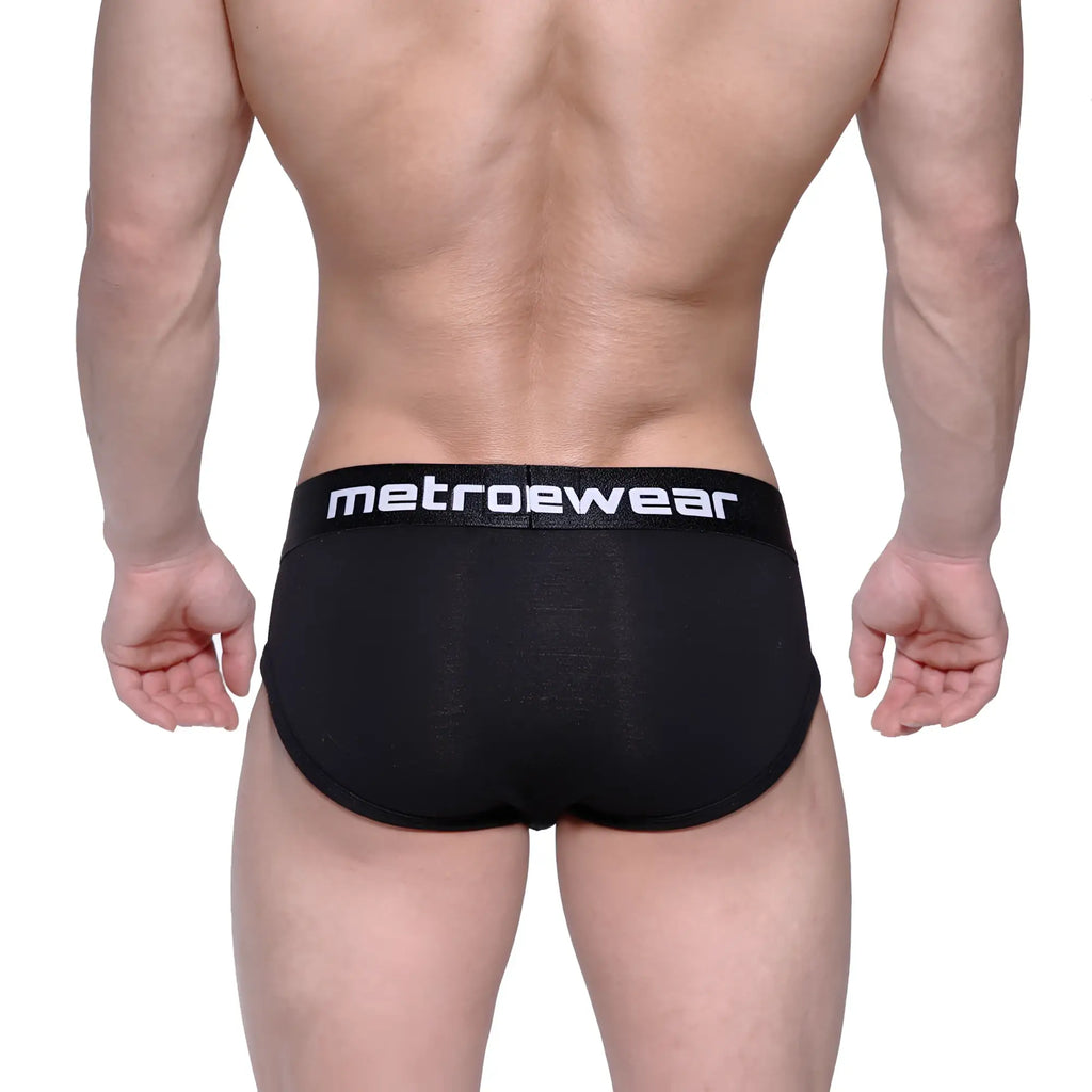 Black metrowear profile hip brief with white logo waistband designed for comfortable everyday wear