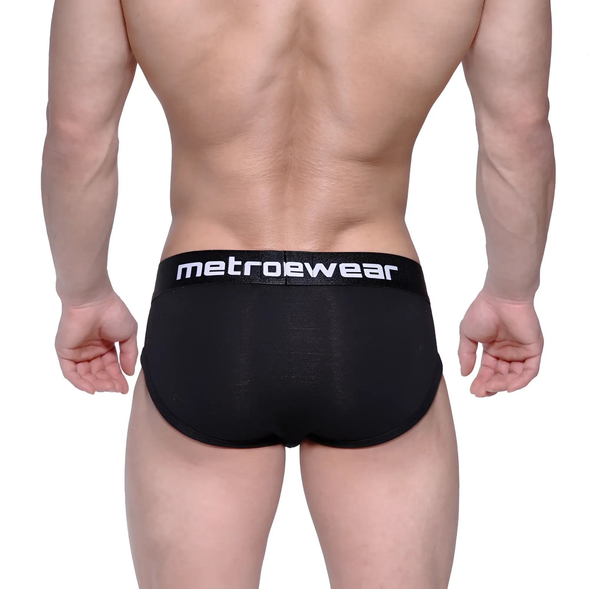 Black metrowear profile hip brief with white logo waistband designed for comfortable everyday wear