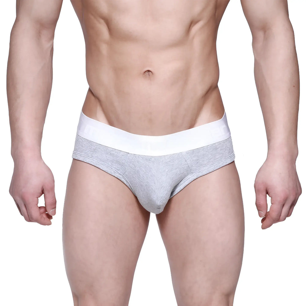 Gray heathered briefs with a solid white waistband from MetroMaleWear profile hip brief 1303-10 for comfortable wear