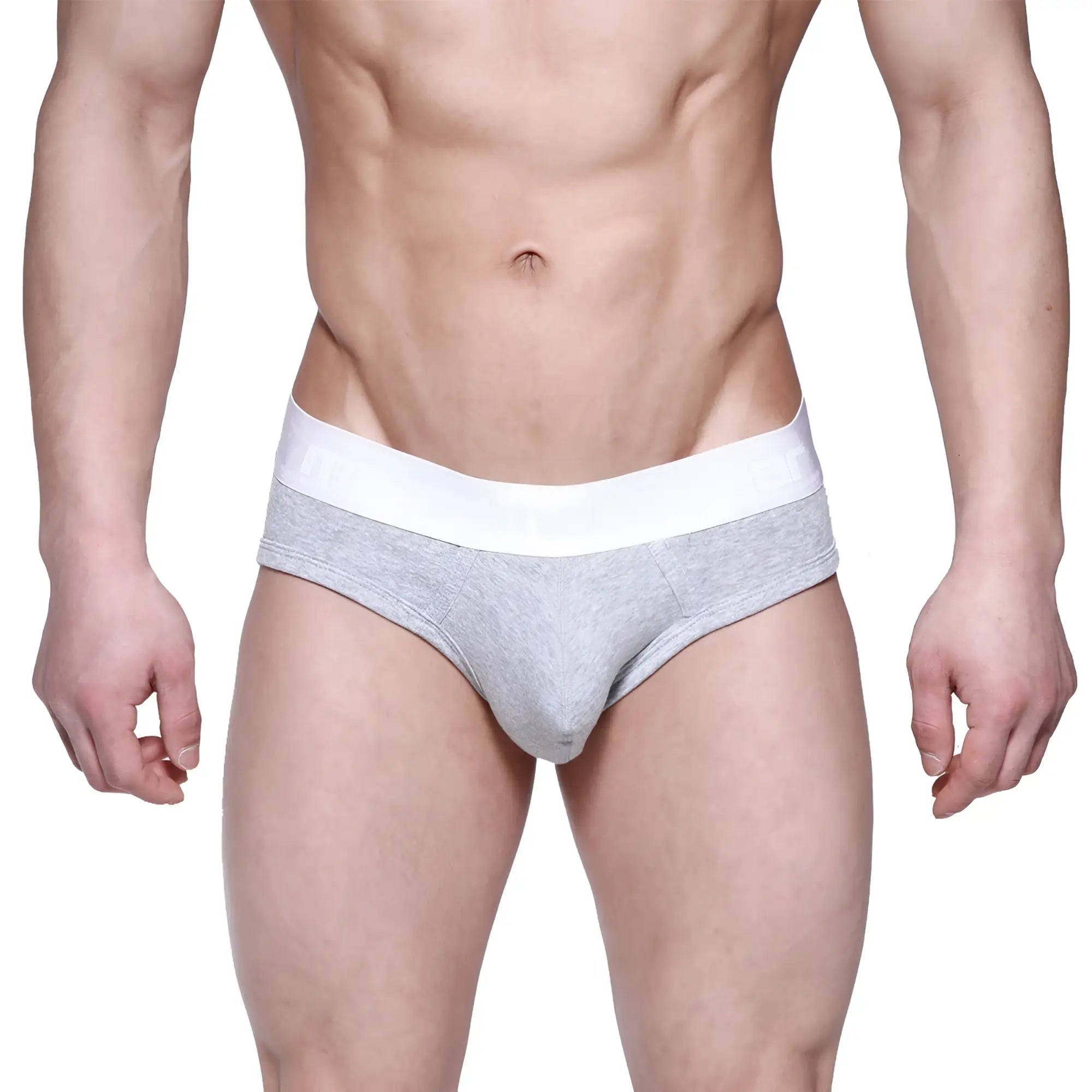 Gray heathered briefs with a solid white waistband from MetroMaleWear profile hip brief 1303-10 for comfortable wear