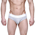 Gray heathered briefs with a solid white waistband from MetroMaleWear profile hip brief 1303-10 for comfortable wear