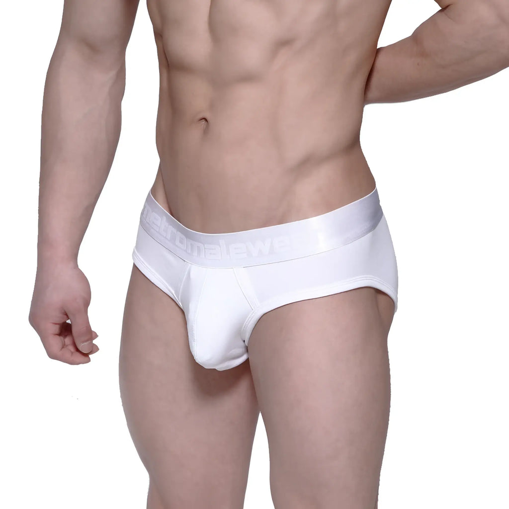 White men’s briefs metro malewear profile hip brief with satin waistband embossed with kelly in white