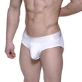 White men’s briefs metro malewear profile hip brief with satin waistband embossed with kelly in white
