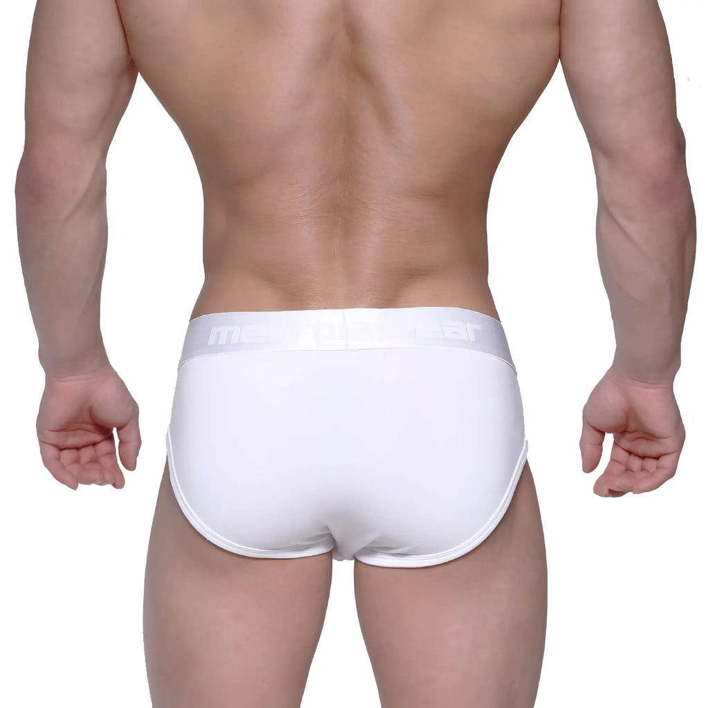 White metroMalewear profile hip briefs with subtle elastic waistband featuring mens logo in light gray lettering