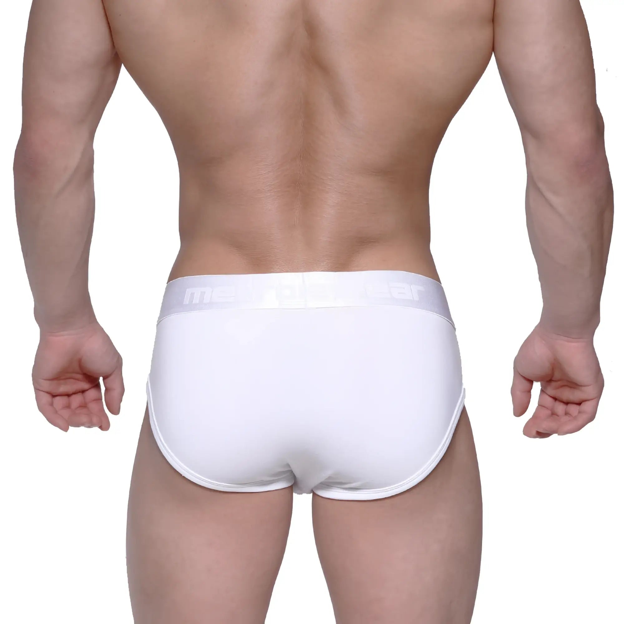 White metroMalewear profile hip briefs with subtle elastic waistband featuring mens logo in light gray lettering