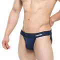 Navy blue miuuv brand briefs with smooth form-fitting design and white logo on waistband