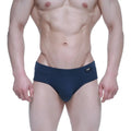Navy blue snug fit briefs with small black logo on waistband metroMalewear profundo brief 5203-28