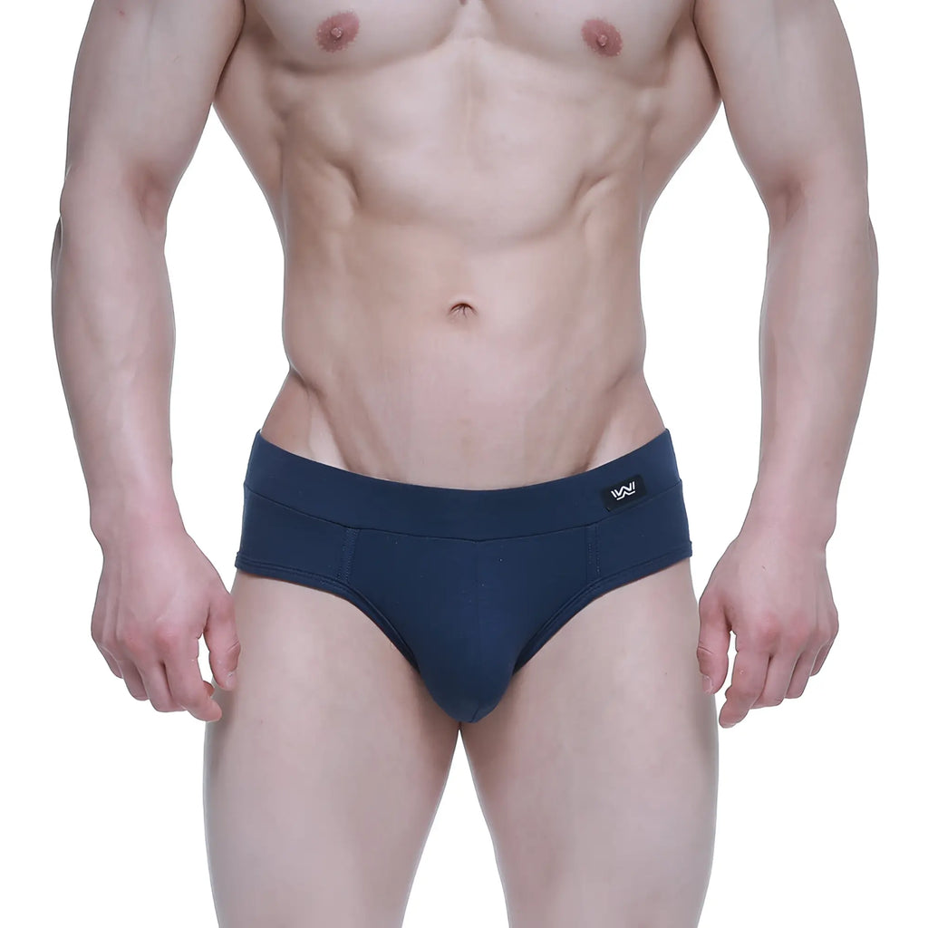 Navy blue snug fit briefs with small black logo on waistband metroMalewear profundo brief 5203-28