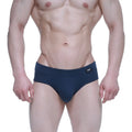 Navy blue snug fit briefs with small black logo on waistband metroMalewear profundo brief 5203-28