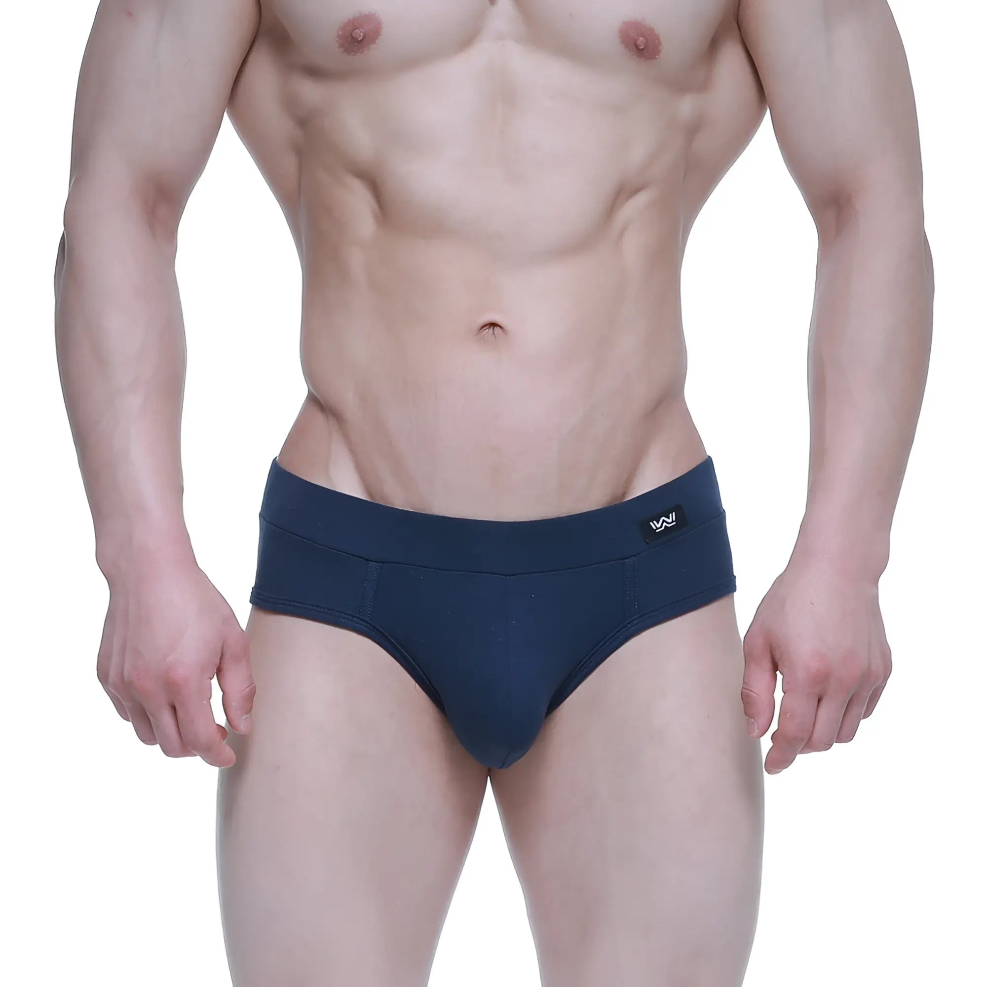 Navy blue snug fit briefs with small black logo on waistband metroMalewear profundo brief 5203-28