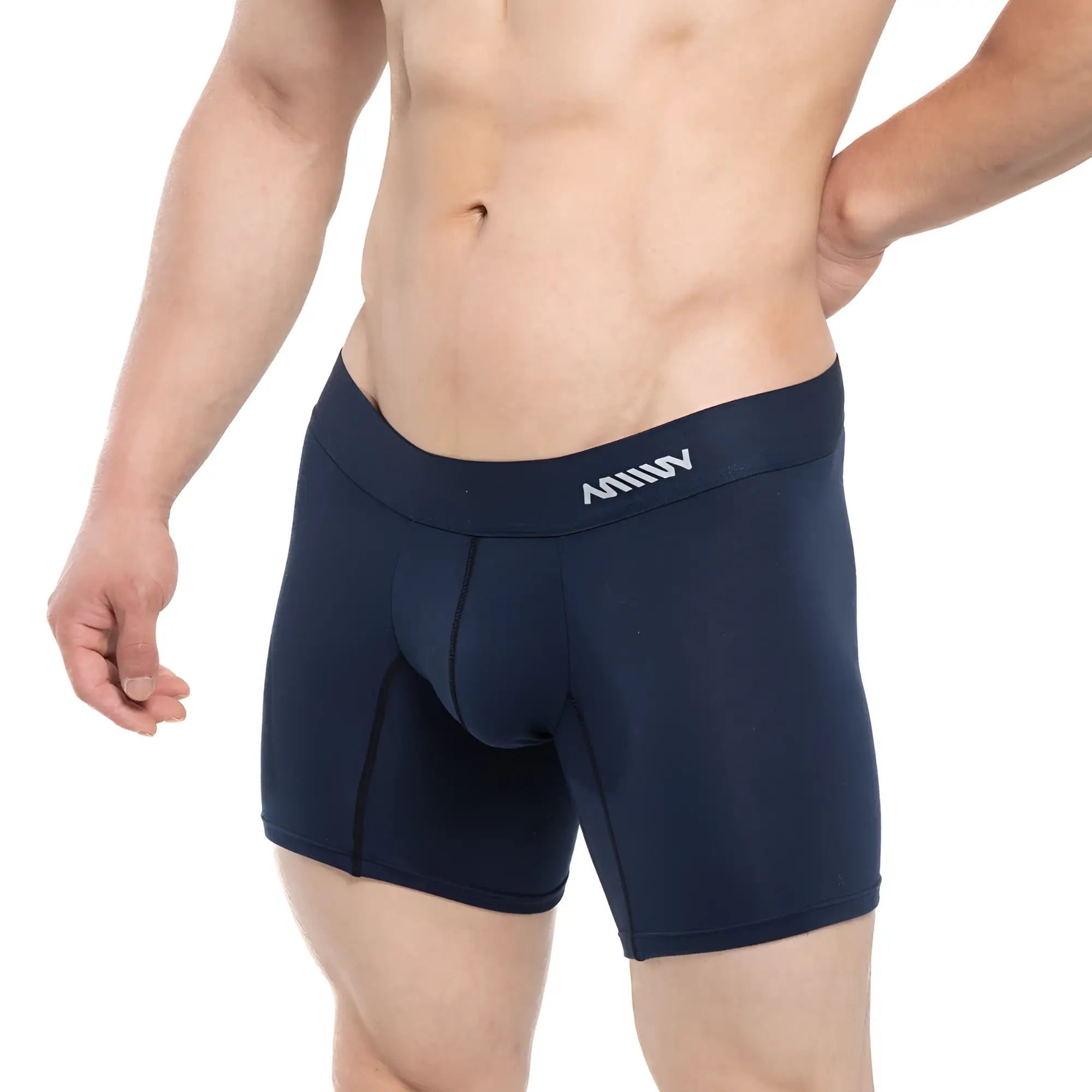 Navy blue men’s boxer briefs with a white logo waistband metroMalewear Profundo Mid boxer 10-inch 3023-29