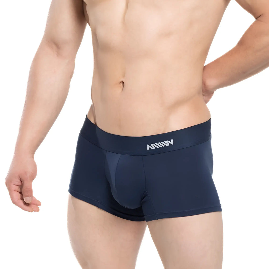 MetroMaleWear profundo short boxer in navy blue men’s boxer briefs with supportive pouch and white logo waistband