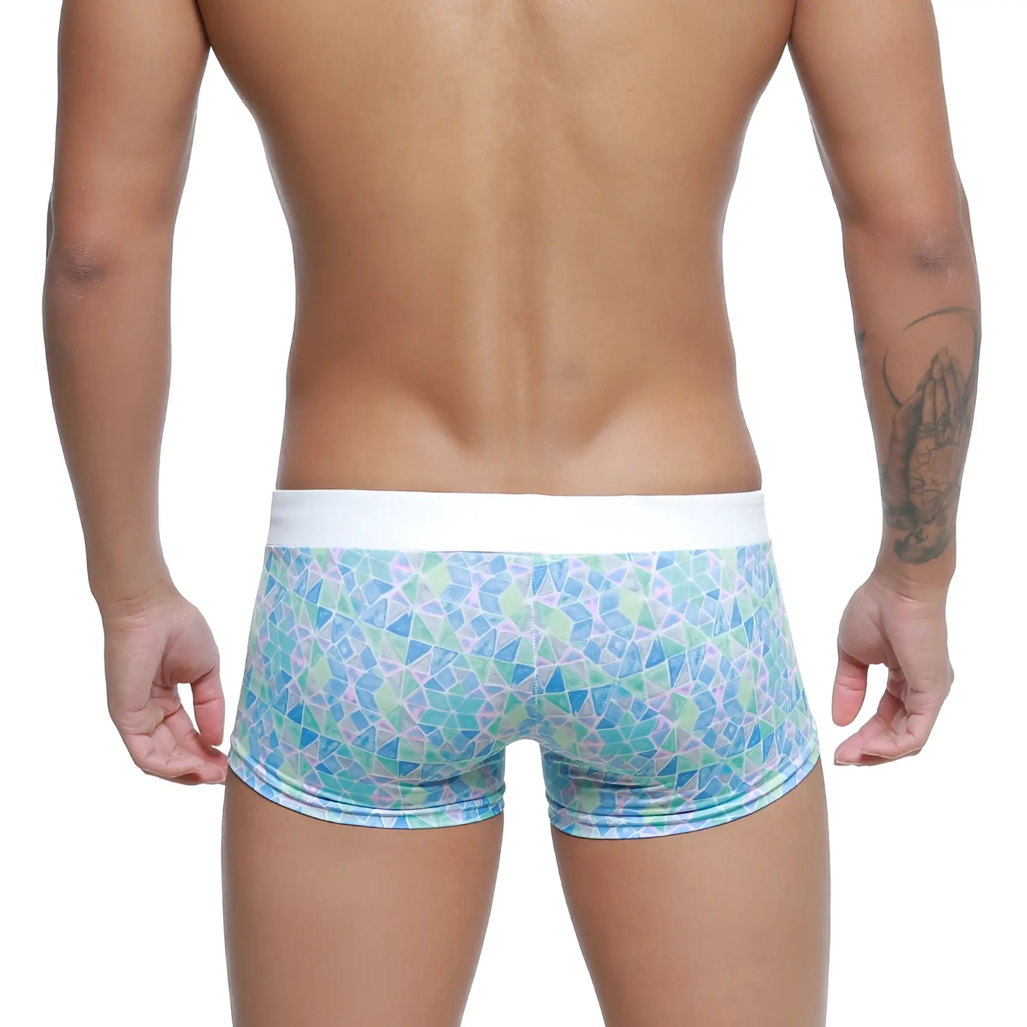 Blue and green geometric patterned MetroMaleWear Profundo swim boxer briefs with white waistband for men