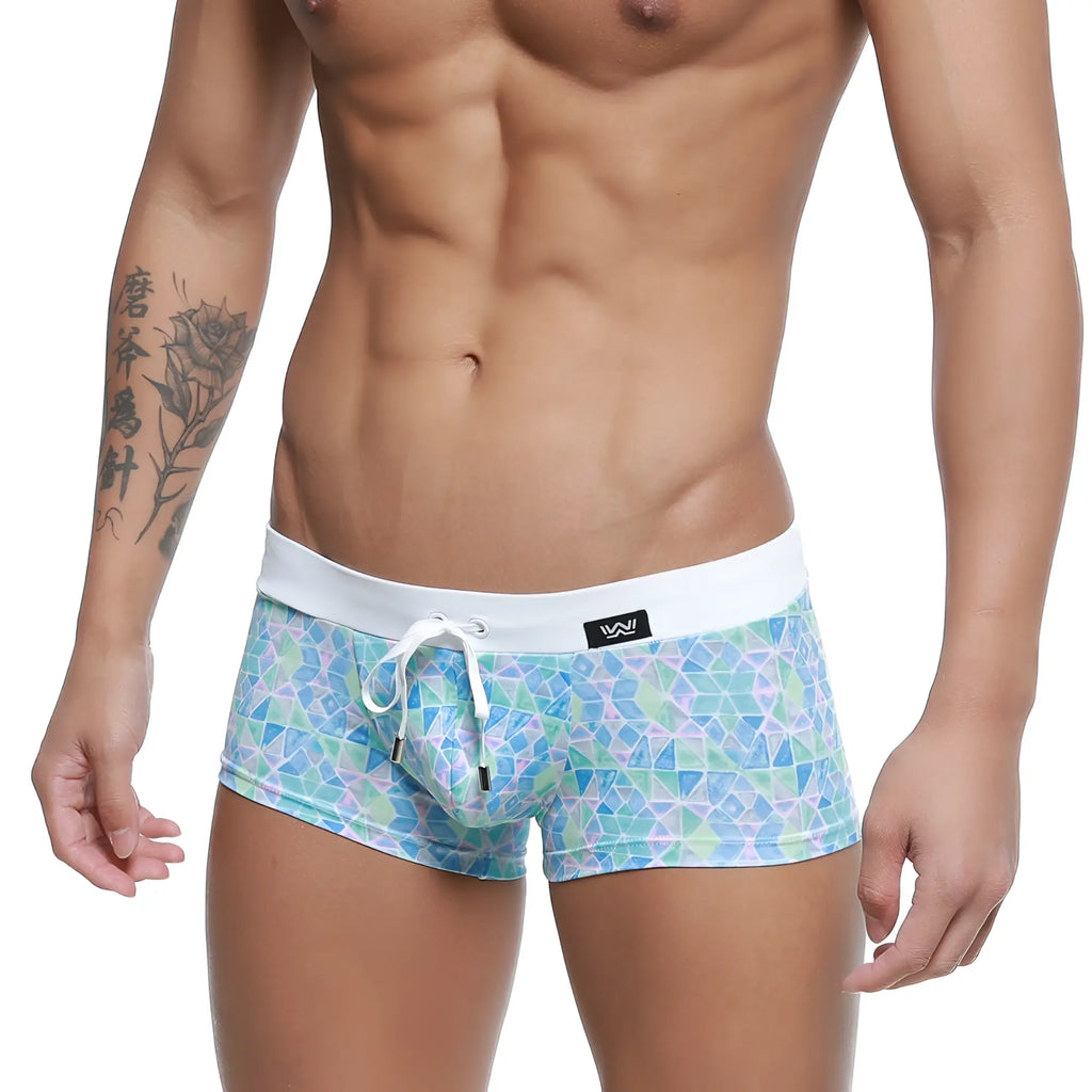 Metro male wear profundo swim boxer briefs glass 4986-62 blue and green geometric pattern with white waistband and drawstring