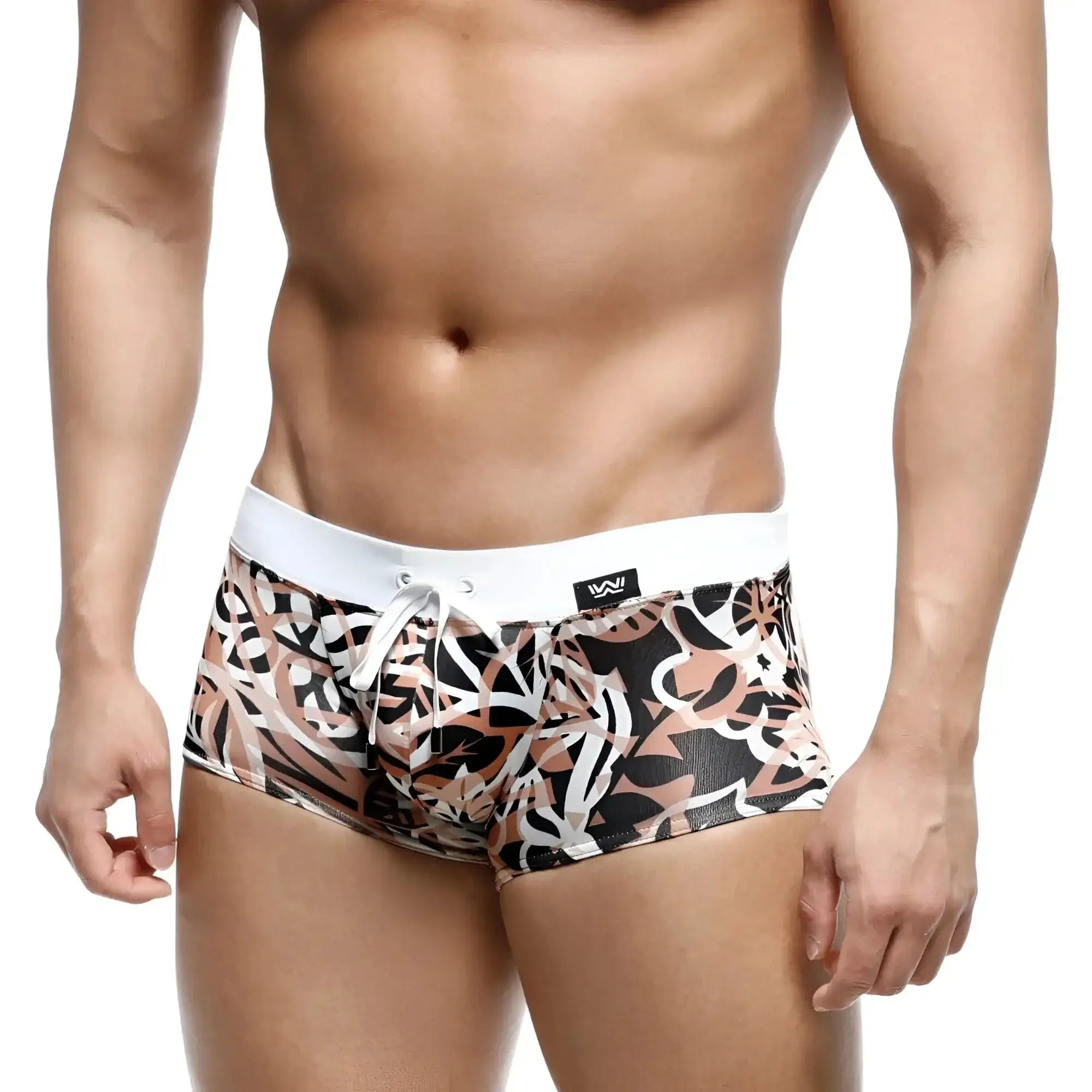 MetroMalewear profundo swim boxer briefs hoja 4986-54 with black white beige abstract leaf pattern and white waistband