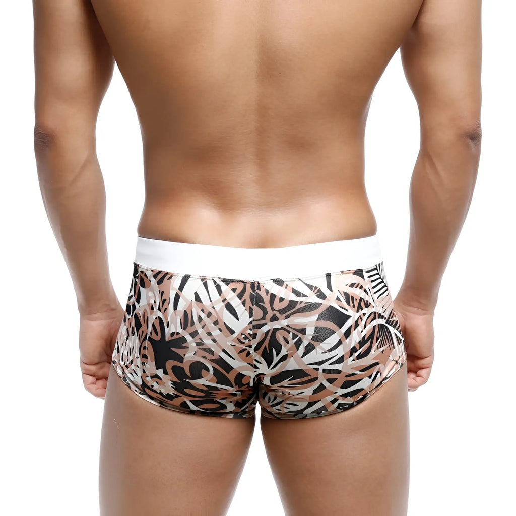 MetroMaleWear Profundo swim boxer briefs in black beige and white abstract leaf pattern with solid white waistband