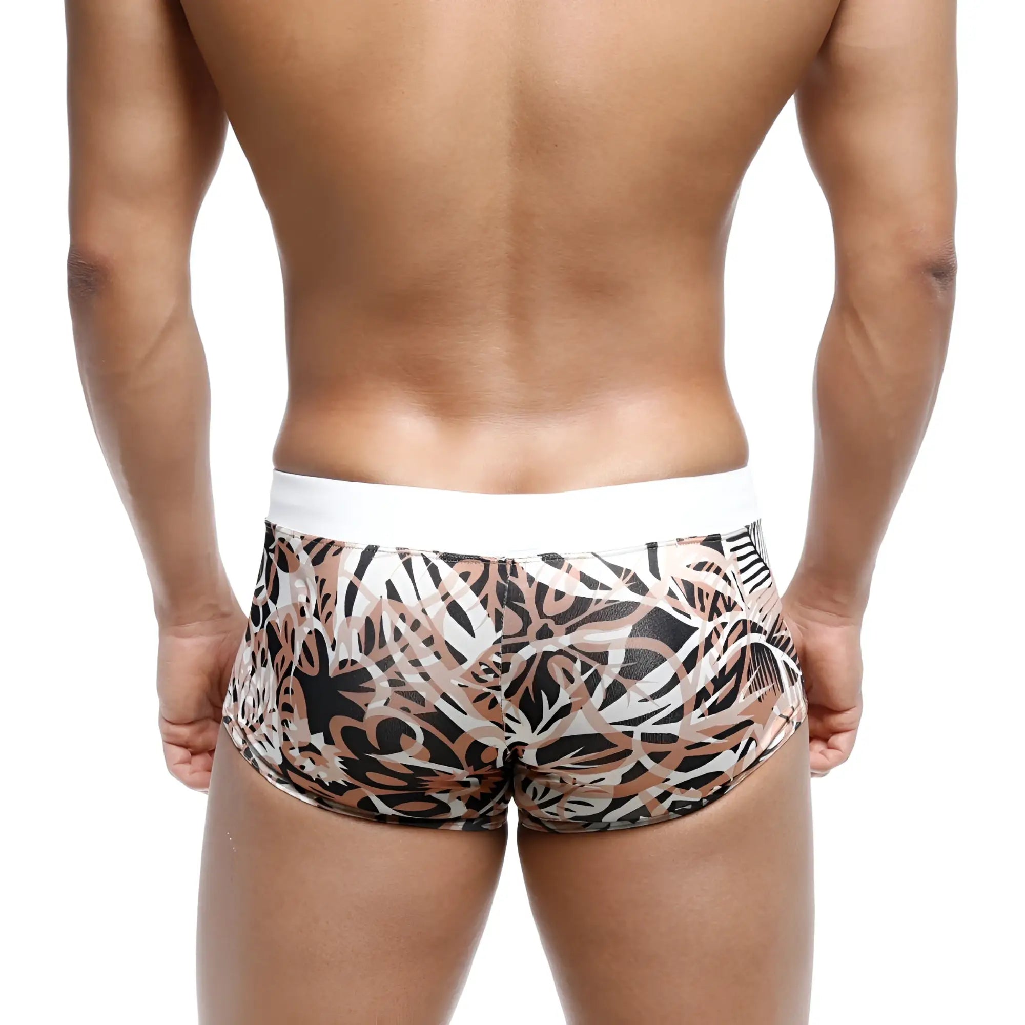 MetroMaleWear Profundo swim boxer briefs in black beige and white abstract leaf pattern with solid white waistband