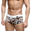 MetroMalewear profundo swim boxer briefs hoja 4986-54 with black white beige abstract leaf pattern and white waistband