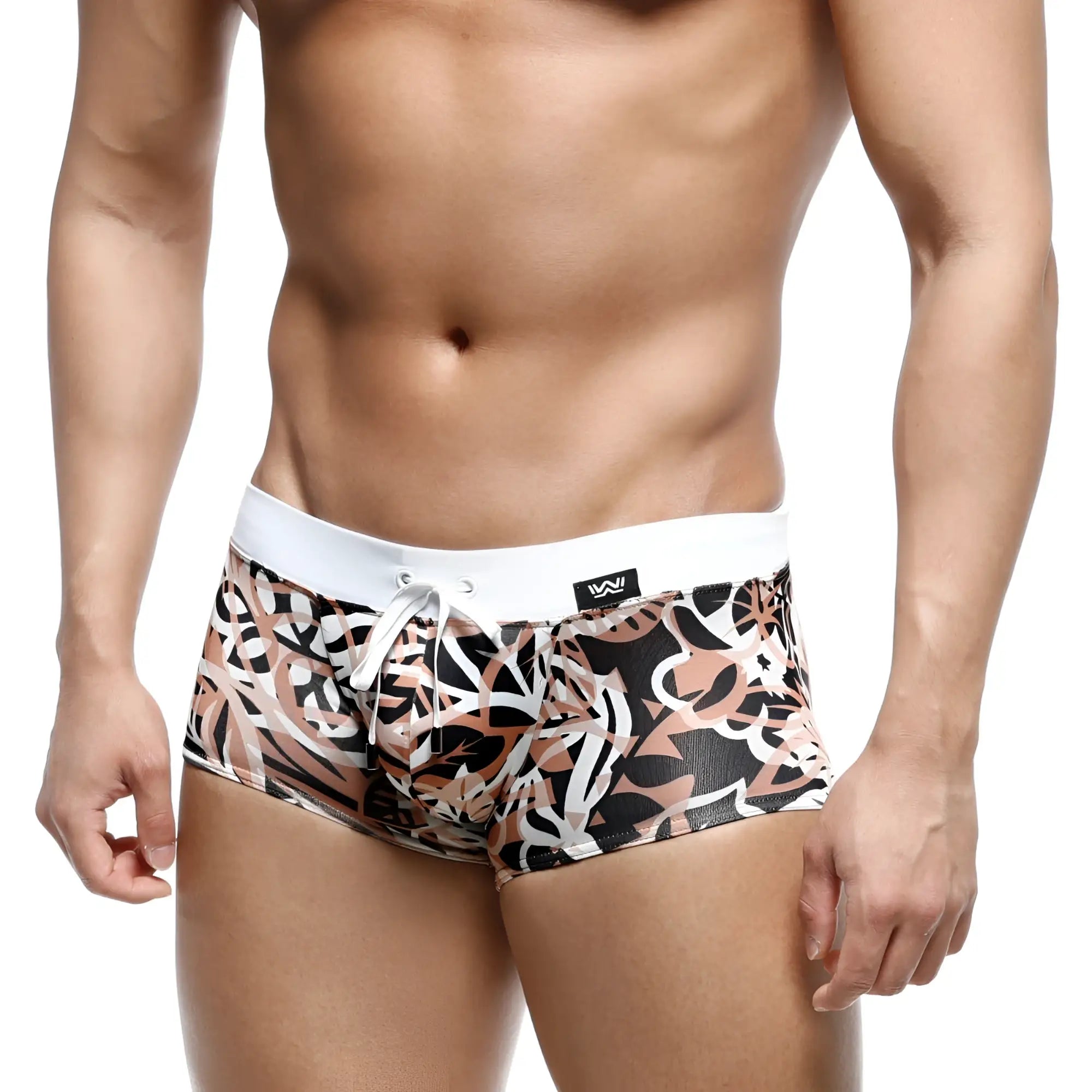 MetroMalewear profundo swim boxer briefs hoja 4986-54 with black white beige abstract leaf pattern and white waistband