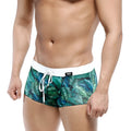 MetroMaleWear Profundo swim boxer briefs with green tropical leaf pattern and white waistband and drawstring