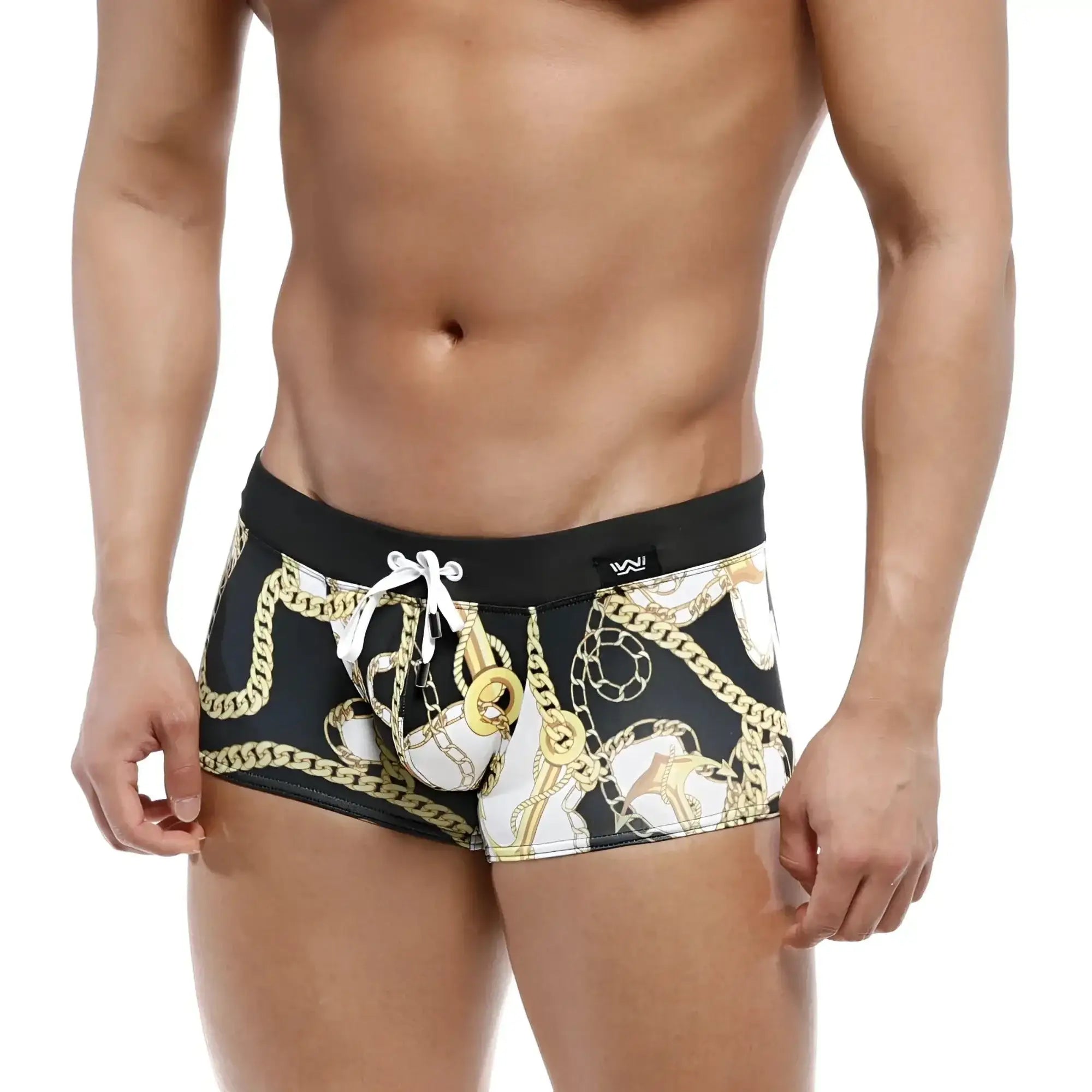 Black MetroMaleWear Profundo swim boxer briefs with bold gold and white chain pattern and black waistband